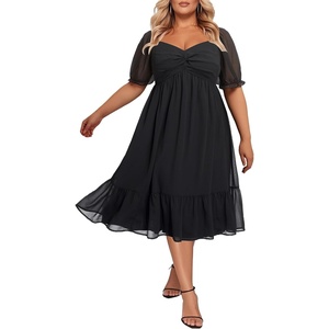 image:imagePlus Size Wedding Guest Dress Chiffon Sweetheart A Line Midi Dresses Women  Plus Size Cocktail Wedding Guest Dress Women Fall Semi Formal Dresses for Special Occasions Flowy Chiffon A Line Midi DressShort Sleevesblack