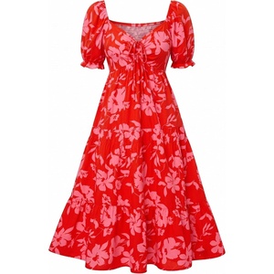 image:imageTalisea Plus Size Summer Dress  Casual Aline Flowy Midi Dress for Women  Casual Aline flowy dress sweetheart neck with drawstring amp puff sleeves tiered midi style for summer beach amp graduationRed Floral