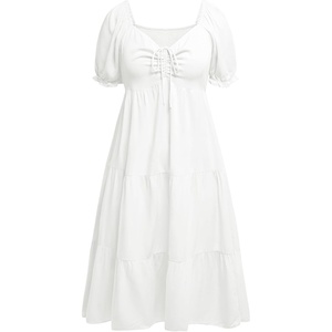 image:imageTalisea Plus Size Summer Dress  Casual Aline Flowy Midi Dress for Women  Casual Aline flowy dress sweetheart neck with drawstring amp puff sleeves tiered midi style for summer beach amp graduationWhite