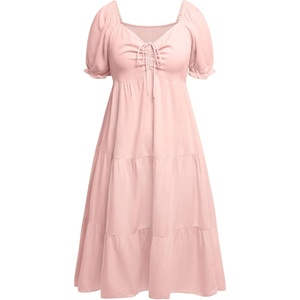 image:imageTalisea Plus Size Summer Dress  Casual Aline Flowy Midi Dress for Women  Casual Aline flowy dress sweetheart neck with drawstring amp puff sleeves tiered midi style for summer beach amp graduationPink
