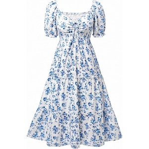image:imageTalisea Plus Size Summer Dress  Casual Aline Flowy Midi Dress for Women  Casual Aline flowy dress sweetheart neck with drawstring amp puff sleeves tiered midi style for summer beach amp graduationBlue Floral