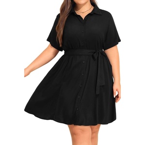image:imageTalisea Plus Size Summer Dress  Work Shirt Dress with Pockets Women  Casual summer dress work shirt dress short sleeve button down style collared design with belt and pocketsBlack