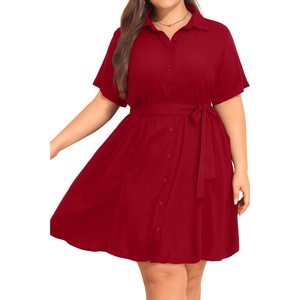 image:imageTalisea Plus Size Summer Dress  Work Shirt Dress with Pockets Women  Casual summer dress work shirt dress short sleeve button down style collared design with belt and pocketsRed