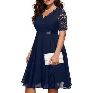 image:imageTalisea Plus Size Wedding Guest Lace Chiffon Ruffle Tea Length Dress  Delicate lace bodice  ruffle chiffon skirt  elegant V neck  tea length  light flowy movementNavy Blue