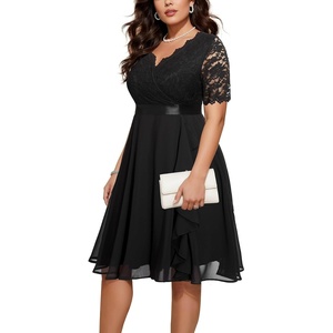 image:imageTalisea Plus Size Wedding Guest Lace Chiffon Ruffle Tea Length Dress  Delicate lace bodice  ruffle chiffon skirt  elegant V neck  tea length  light flowy movementBlack