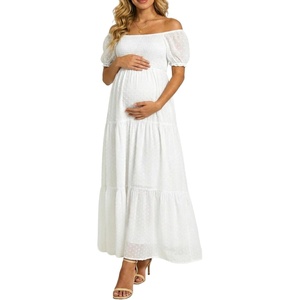 image:imageWomens Off Shoulder Maternity Dress Swiss Dot Boho Baby Shower Dress  Swiss dot chiffon fabricoff shoulder boho designmaternity baby shower dress styleWhite