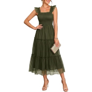 image:imageWomens Wedding Guest Dress Dotted Tulle Smocked Summer Midi Sleeveless  Dotted tulle mesh fabric Smocked waist design Midi length party dressArmy Green