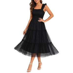 image:imageWomens Wedding Guest Dress Dotted Tulle Smocked Summer Midi Sleeveless  Dotted tulle mesh fabric Smocked waist design Midi length party dressBlack
