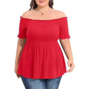image:imagePlus Size Off The Shoulder Tops Summer Short Sleeve Smocked Baby Doll Shirt Tunic Blouse