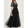 image:imageFormal Dresses Sequin Tulle V Neck A Line Long Dress Prom Evening GownBlack