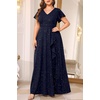 image:imageTalisea Plus Size Formal V Neck Ruffle Sleeve High Slit Evening Maxi DressSparkly Navy Blue