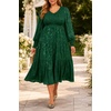 image:imageTalisea Plus Size V Neck Smocked Puff Sleeve Tiered Midi DressDark Green