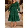 image:imageTalisea Plus Size V Neck Smocked Puff Sleeve Tiered Midi DressDark Green