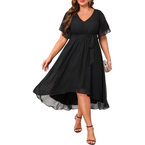 image:imagePlus Size Dresses Wedding Guest Formal Chiffon Short Sleeve High Low DressBlack