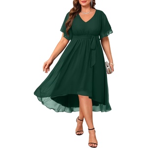 image:imagePlus Size Dresses Wedding Guest Formal Chiffon Short Sleeve High Low DressDark Green