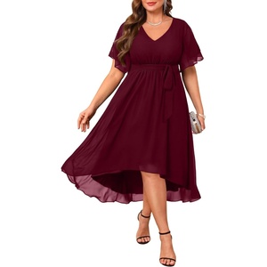 image:imagePlus Size Dresses Wedding Guest Formal Chiffon Short Sleeve High Low DressWine Red