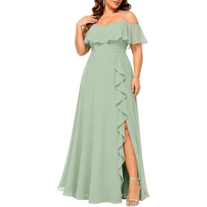 image:imagePlus Size Formal Dresses Off Shoulder Chiffon High Slit Ruffle WeddingSage Green