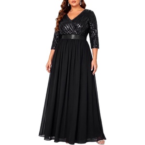 image:imagePlus Size Formal Dresses V Neck 34 Sleeve Sequin Prom Evening Maxi DressBlack