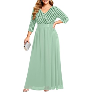 image:imagePlus Size Formal Dresses V Neck 34 Sleeve Sequin Prom Evening Maxi DressMint Green