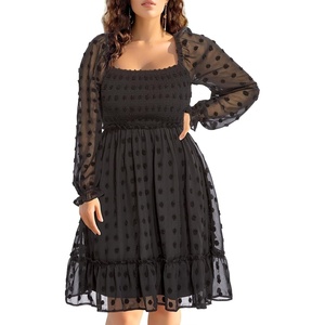 image:imagePlus Size Square Neck Puff Sleeve Swiss Dot Graduation DressBlack Long Sleeve