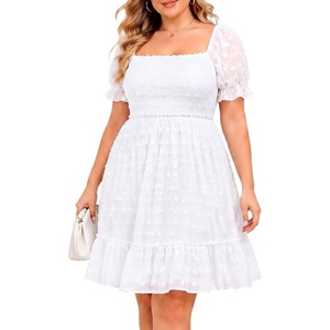 image:imagePlus Size Square Neck Puff Sleeve Swiss Dot Graduation DressWhite