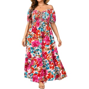 image:imagePlus Size Summer Dresses Off the Shoulder Boho Maxi A Line Long Dress WomenRed Floral