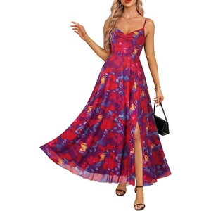 image:imageSummer Wedding Guest Dress Spaghetti Strap Formal A Line Maxi Dresses WomenFloral Navy and Red