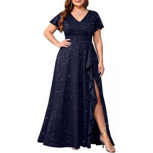 image:imageTalisea Plus Size Formal V Neck Ruffle Sleeve High Slit Evening Maxi DressSparkly Navy Blue
