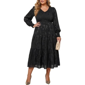 image:imageTalisea Plus Size V Neck Smocked Puff Sleeve Tiered Midi DressBlack