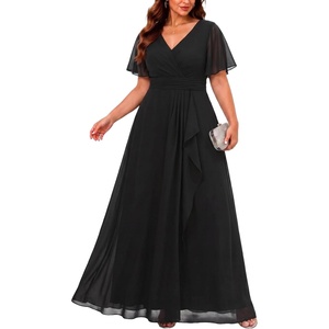 image:imagePlus Size Formal Dress Wedding Guest Chiffon V Neck Ruffle Long Dress WomenBlack
