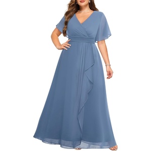 image:imagePlus Size Formal Dress Wedding Guest Chiffon V Neck Ruffle Long Dress WomenGrey Blue