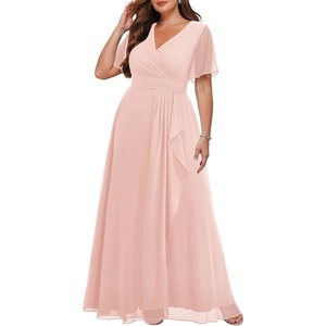 image:imagePlus Size Formal Dress Wedding Guest Chiffon V Neck Ruffle Long Dress WomenLight Pink