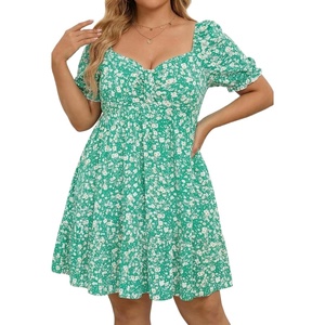 image:imageTalisea Plus Size Sweetheart Neck Puff Short Sleeve Babydoll Summer DressGreen Floral