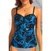 image:imageWomens Underwire Tummy Control Swimsuit Top Push Up Bathing Suit TopBlue Black Leaves