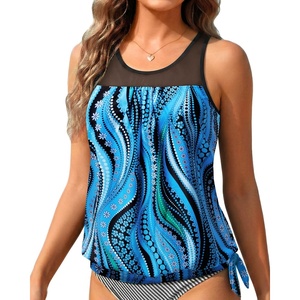 image:imageTankini Tops for Women Swimwear  Blouson Swim Top Loose Fit Bathing SuitBlue Wavy Pattern