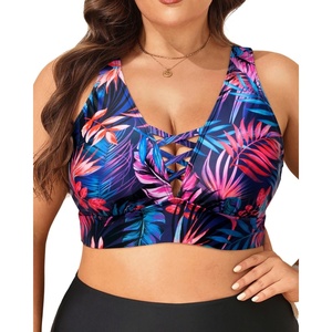 image:imageTalisea Plus Size Bikini Top Only  VNeck LaceUp Swim Bra for Large BustColorful Leaves