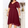 image:imagePlus Size Wedding Guest Dress  Formal Long Sleeve A Line V Neck Midi DressBurgundy Short Sleeve