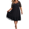 image:imagePlus Size Wedding Guest Dress Chiffon Sweetheart A Line Midi Dresses WomenShort Sleevesblack