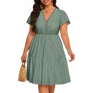 image:imagePlus Size Summer Dress Casual Boho Eyelet Lace V Neck Tiered Midi DressesSage Green Eyelet