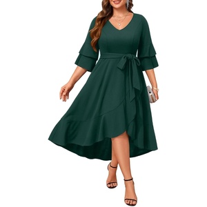 image:imagePlus Size Wedding Guest Dress  Double Bell Sleeve High Low Split DressesGreen