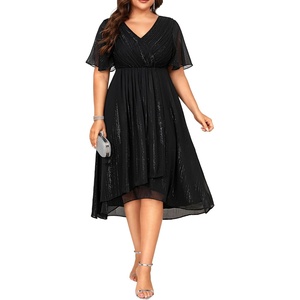 image:imagePlus Size Wedding Guest Dress  Formal Long Sleeve A Line V Neck Midi DressBlack Short Sleeve