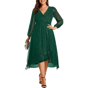 image:imagePlus Size Wedding Guest Dress  Formal Long Sleeve A Line V Neck Midi DressDark Green
