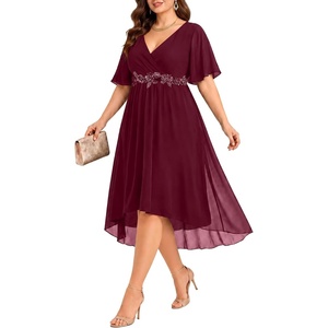 image:imagePlus Size Wedding Guest Dress  Formal V Neck High Low Chiffon Dress WomenBurgundy