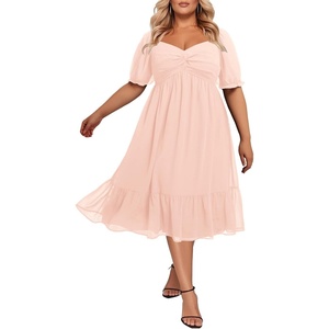 image:imagePlus Size Wedding Guest Dress Chiffon Sweetheart A Line Midi Dresses WomenShort Sleevespink