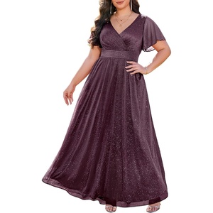 image:imageWomen Plus Size Formal Dress Flutter Sleeve Maxi Wedding Guest GownDeep Purpleglitter