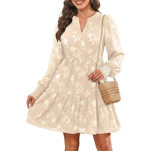 image:imageWomens V Neck Floral Babydoll Tiered Tunic DressApricot