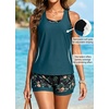 image:image3 Piece Tankini Swimsuits  Athletic Swim Top with Boyshorts Bathing SuitsTeal and Floral