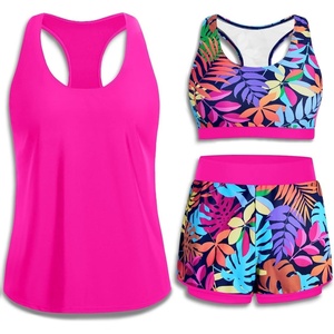 image:image3 Piece Tankini Swimsuits  Athletic Swim Top with Boyshorts Bathing SuitsColorful Leaves