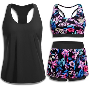 image:image3 Piece Tankini Swimsuits  Athletic Swim Top with Boyshorts Bathing SuitsPink Floral