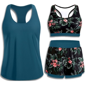 image:image3 Piece Tankini Swimsuits  Athletic Swim Top with Boyshorts Bathing SuitsTeal and Floral